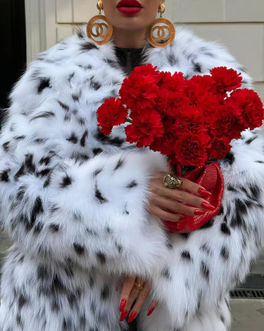 Leopard Print Autumn Faux Fur Fur Coat Black White Spots Collared Furry Coat - Modestly Vogue